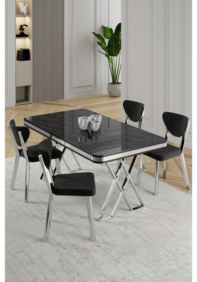 Raja Serisi 80x130 Lak Panel Beyaz Mermer Desen Masa Takımı Krom Ayaklı 4 Sandalye Beyaz Mermer Masa Siyah Sandalye Raja Serisi 80x130 Lak Panel Beyaz Mermer Desen Masa Takımı Krom Ayaklı 4 Sandalye Beyaz Mermer Masa Siyah Sandalye
