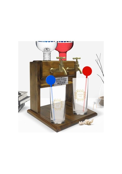 Kişiye Özel Renkli Baskılı İsimli İkili Vodka Bardağı Ve Çift Musluklu Doğal Ahşap Vodka Standı-18