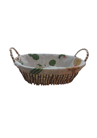 Kaktüs Desenli Kumaş Kaplamalı Hasır Kulplu Dekoratif Sepet 27x16 Cm Kahverengi - Yeşil - Bej