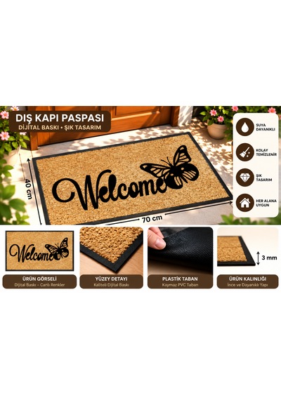 Welcome Dış Kapı Paspası 40x70 Cm Dijital Baskılı Kaymaz Pvc Plastik Tabanlı Kapı Önü Paspası Taba - Krem
