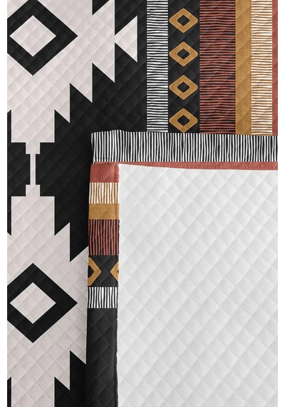 Etnik Geometrik Siyah Tek Kişilik Pike Takımı - Bohem Hardal Kiremit 160x220 Cm Yatak Örtüsü Kırık Amber Pususu