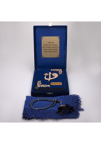 Plaket Kutulu Kur'an-ı Kerim Seti - Mavi Mevlit Örtü Tespih