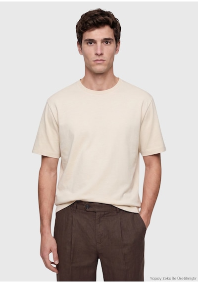 Ramsey Bej Düz Pamuk Karışımlı T-shirt