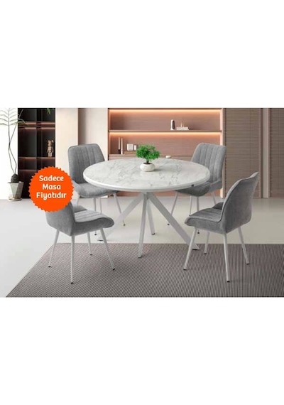 Ahşap Yuvarlak Açılır Büyüyen Yemek Masası Beyaz Mermer Desen 70 x 120 CM