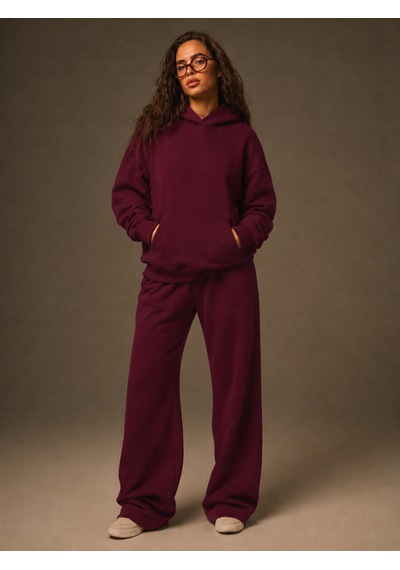 Macklin Unisex Kadın Erkek Baskısız Sweatshirt Oversize 3 İplik Kapüşonlu Hoodie Ve Baggy Eşofman Altı Bordo