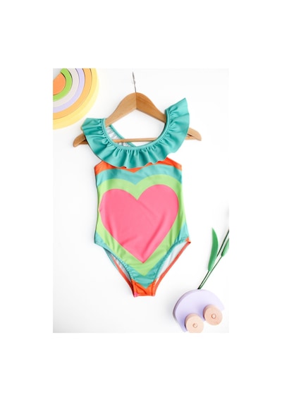 Lolliboomkids Kız Çocuk Renkli Kalpler Desen Neon Renkler Fırfır Yaka Detaylı Mayo Yeni Sezon Çok Renkli