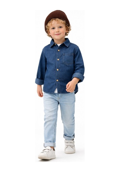 Overdo Kids Erkek Çocuk Kot Gömlek Rahat Kalıp Koyu Mavi