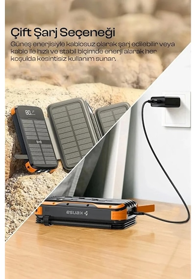 Kensa Güneş Enerjili Powerbank 20.000 Mah Hızlı Şarj Led Göstergeli Dahili Kablo Solar Şarj Cihazı Siyah - Turuncu