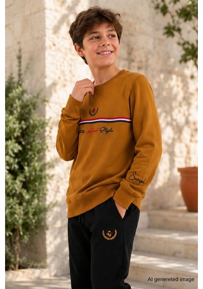 Pina Kids Erkek Çocuk İki İplik Şeritli Baskılı Beli Lastikli Eşofman Takımı Esf7030 Hardal - Siyah