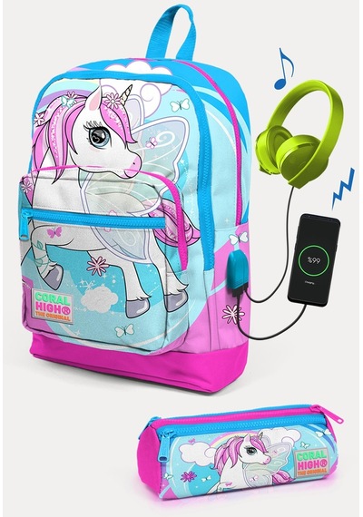 Coral High Kids Mavi Neon Pembe Unicorn Desenli Usb'li 2'li Okul Çanta Seti Set0223811