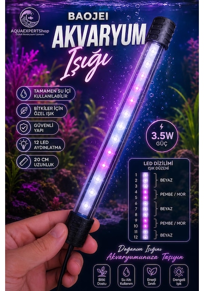 Akvaryum Işığı - Bitki Işığı - Balık Işığı - Tamamen Su İçinde Kullanılabilir - 12 Led - Pembe Beyaz - 20 Cm - Güçlü Aydınlatma - 3.5w