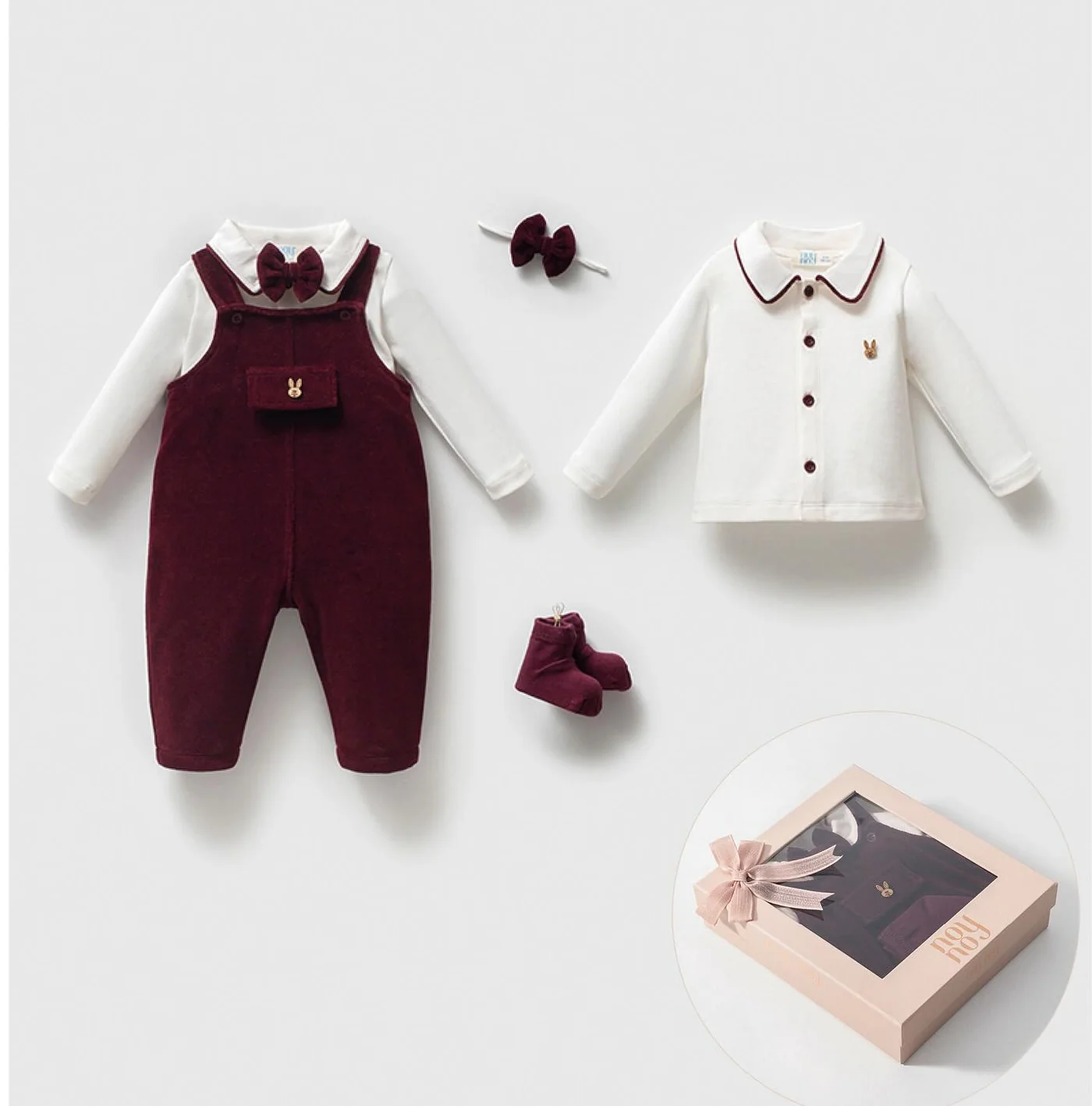 Momercy Erkek Bebek Kadife Tulum Salopet Body Çorap Papyon Kutulu Hediyelik 4lü Set Bordo
