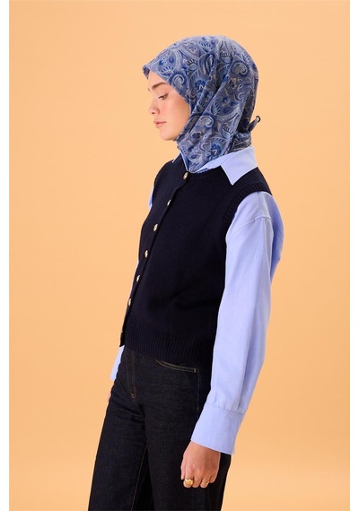 Silk Home İnce Pamuk Soft Eşarp Saks-indigo Desenli Tok Duruşlu 90x90 Çok Renkli