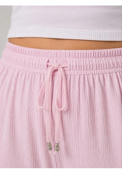 Meleners Battal Beden Bürümcük Kumaş Beli Lastikli Bağcıklı Bol Paça Palazzo Pantolon - Pembe