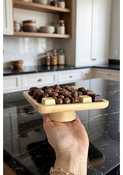 Atbyhome Doğal Ahşap Kare Ayaklı Sunumluk İkramlık Stand 17x17 Cm