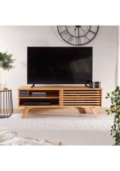 Scandiline Modern Ahşap Tv Ünitesi Izgara Kapaklı Minimal Tasarım Natural