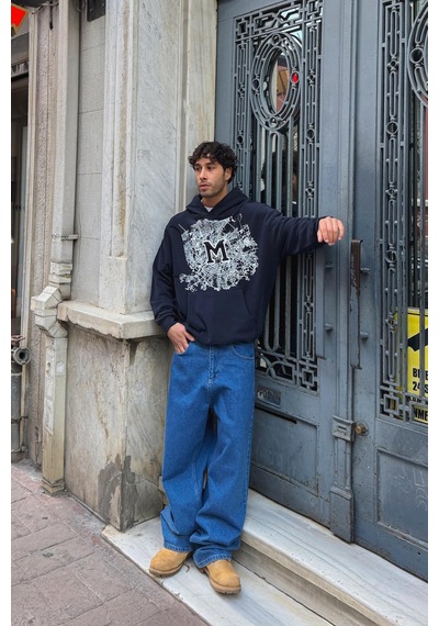 Flaw M Baskılı Hoodie-28588 Lacivert