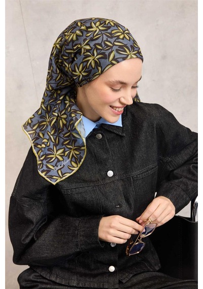 Silk Home Pamuk Polyester Soft Eşarp Hardal Flora Desenli Kaymaz Dokulu 90x90 Çok Renkli