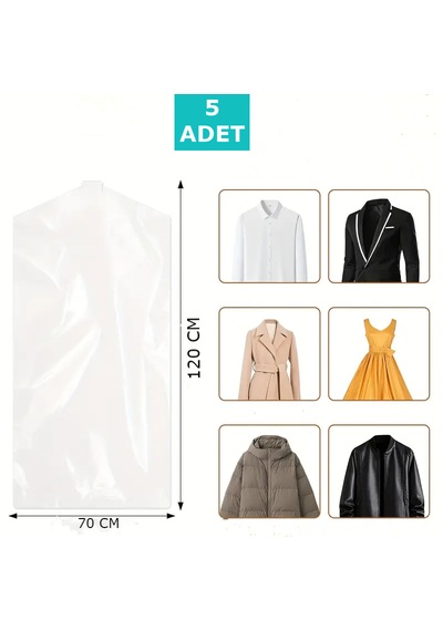 5 Adet 70x120 Cm Şeffaf Elbise Poşeti, Askı Delikli Omuz Kesimli Elbise Poşeti