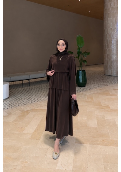 Riella Butik Ahen Oysho Kumaş Oversize Günlük Tesettür Takım Kahverengi