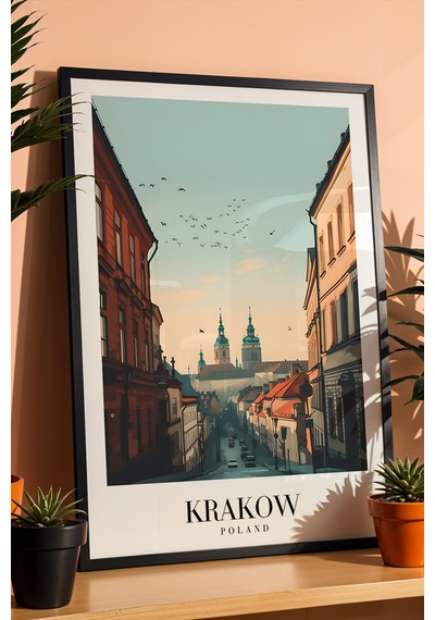 Krakow Poland Vintage Seyahat Posteri Çerçeveli Tablo - Premium Tarihi Şehir Elit Duvar Dekoru Siyah