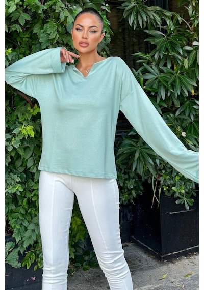 WeShaya Mint Katlama Kollu Pamuklu Bluz Mint
