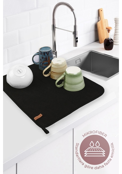 Microfiber Bulaşık Kurutma Matı 46x36 cm Kurulama Bezi Kurutma Örtüsü Tezgah Üstü Siyah