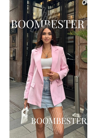 Boombester Kadın Flam Keten Astarlı Blazer Ceket Çizgili Astar Detay Rahat Kalıp İnce Ceket Pembe Boombester Kadın Flam Keten Astarlı Blazer Ceket Çizgili Astar Detay Rahat Kalıp İnce Ceket Pembe