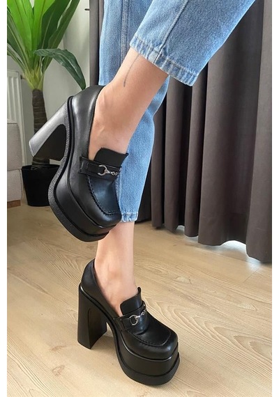 Kadın Siyah Deri İnce Tokalı Lofer Model 12 Cm Platform Topuklu Ayakkabı Siyah
