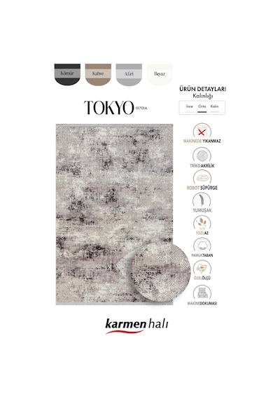 Tokyo 1701 Gri Halı Antrasit Detaylı Modern Klasik Desen Akrilik Halı Kaymaz Taban Tozuaz Salon Halı-192 Grı