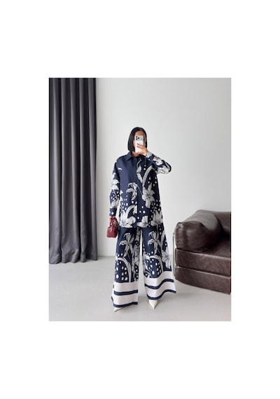 Wellway İthal Chokellaa Kumaş Çiçekli Tunik Gömlek & Pantolon 2li Takım-lacivert -26126 Lacivert