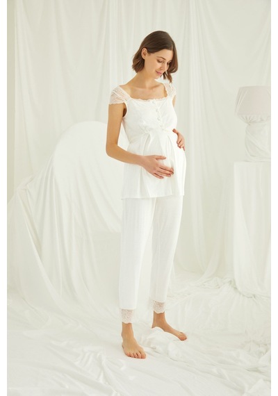 Monamise 18203 Kadın Ekru Hamile Lohusa 3'lü Sabahlık Pijama Takım