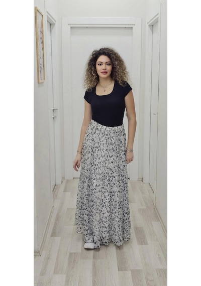 Lodmela Bel Lastikli Kloş Şifon Etek 6003-beyaz/siyah Beyaz/siyah Beyaz - Siyah