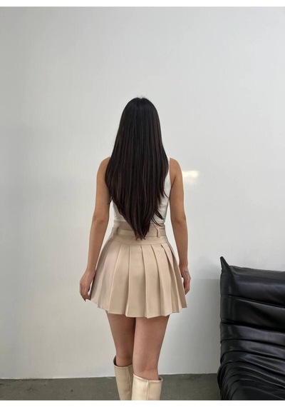 Kadın Dokuma Kumaş Pileli Kemerli Etek Astarlı, Mini Boy, Modern Ve Şık Tasarım Bej