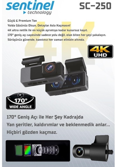 Sentinel Sc-250 4k Uhd Araç İçi Kamera Adas & Bsd, Wi-fi, Gps Opsiyonel, 170 Geniş Açı, 24 Saat Park Modu
