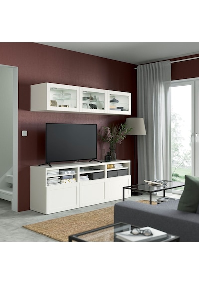 Tv Ünitesi, Beyaz-şeffaf Cam, 180x42x192 Cm, Hanvıken/sındvık, Çıt Çıt Raylı Beyaz Tv Ünitesi, Beyaz-şeffaf Cam, 180x42x192 Cm, Hanvıken/sındvık, Çıt Çıt Raylı Beyaz