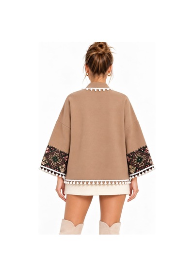 Saade Camel Etnik Desenli Ponpon Detaylı Kaşe Ceket