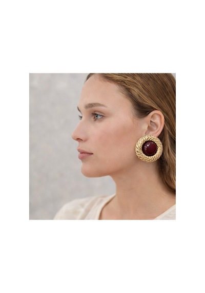 Lunarie Vintage Burgu Çerçeve Renkli Taşlı Düğme Küpe Bordo