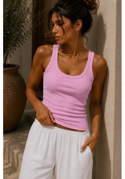 Bb Butik Basic Soft Cotton Fitilli Pamuk Basic Atlet Vücuda Oturan Kalıp Md3571 Pembe