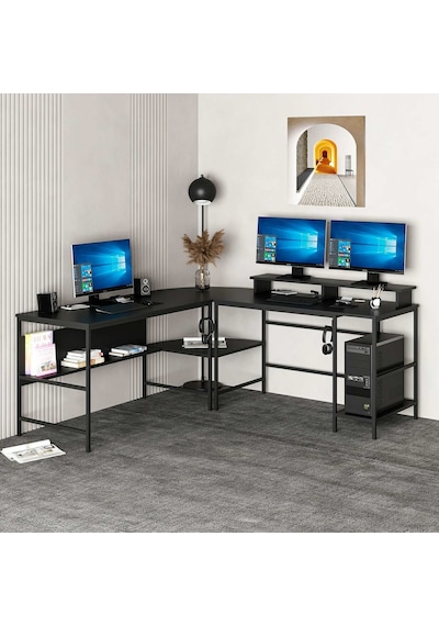 Minar Greta Rgb Led Işıklı L Köşe Çalışma Masası Siyah