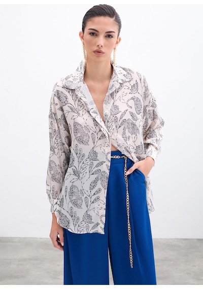 Sateen Desenli Saten Gömlek - Ekru-135962 Ekru