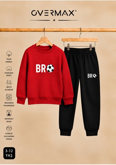 Overmax Çocuk Bro Futbol Baskılı Kapüşonsuz Sweatshirt Eşofman Takımı- 3-12 Yaş Kırmızı Üst-siyah Alt - 922594887 Kırmızı Üst-siyah Alt
