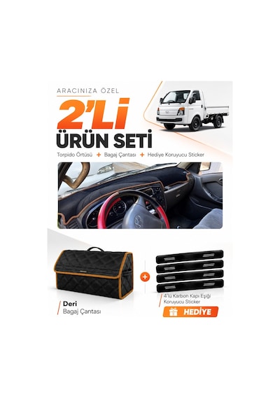 E-biz Hyundai H100 2004-2019 Uyumlu Torpido Örtüsü + Deri Bagaj Çantası - Siyah-kahverengi - Hu022