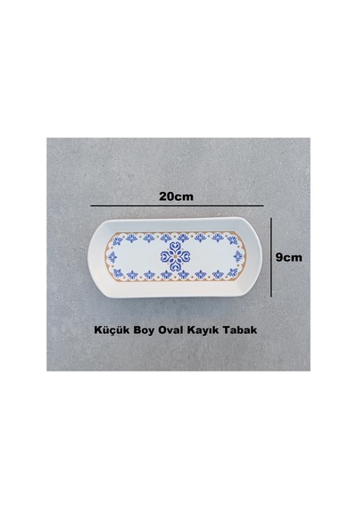 Ottoman 3 Adet Seramik Küçük Boy Oval Kayık Kahvaltı Sunum Tabağı - 9x20cm Mavi