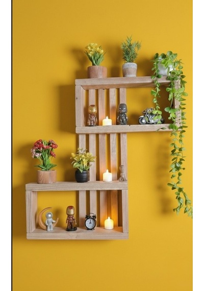 Ahşap Zikzak Duvar Rafı - 75x50 Cm Dekoratif Masif Kitaplık Ve Saksılık - 3 Bölmeli Duvar Dekoru Bej