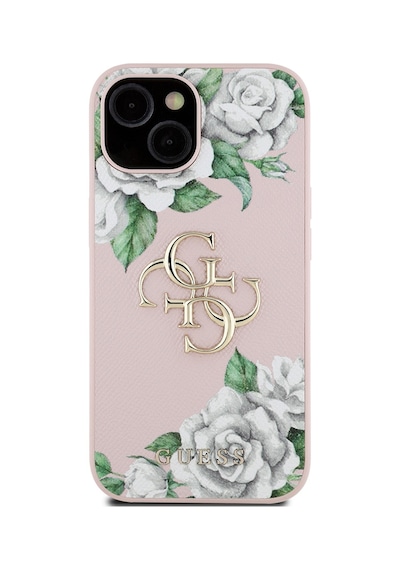 Apple Uyumlu iPhone 15 Kılıf Guess Lisanslı Gül Baskılı Büyük Metal Logo Dizaynlı Kapak Pembe