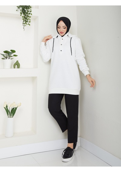 Raika Moda Kapşonlu 3 İplik Büyük Beden Tesettür Sweatshirt Ekru