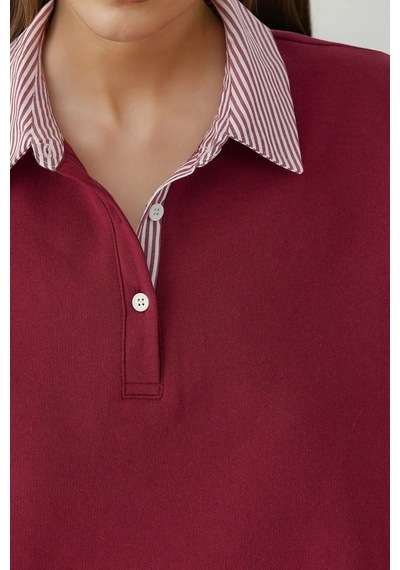 Hiccup Dokuma Garni Detaylı Oversize Polo Yaka Sweatshirt Bordo Kırmızı