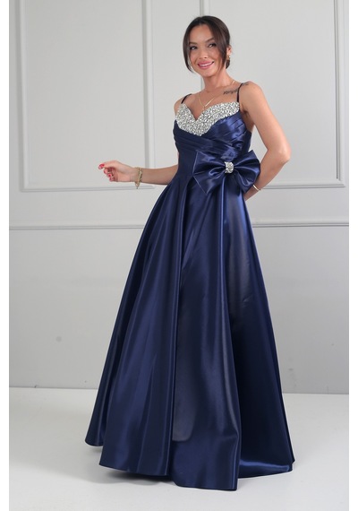 By Saygı Kadın İp Askılı Yaka Taş Detaylı Drapeli Beli Fiyonklu Astarlı Tafta Saten Uzun Elbise Lacivert By Saygı Kadın İp Askılı Yaka Taş Detaylı Drapeli Beli Fiyonklu Astarlı Tafta Saten Uzun Elbise Lacivert