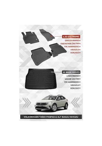 Sahler Volkswagen Taigo 2021+ Uyumlu 4.5d Premium Havuzlu Paspas Ve Liner Marka 3d Alt Bagaj Havuzu